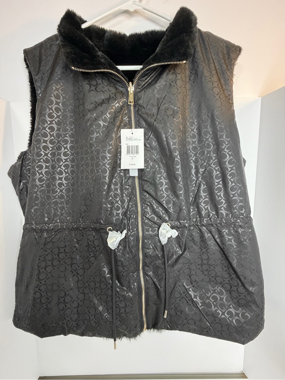 Guess Black Quilted Faux-Fur Lined Vest reversible